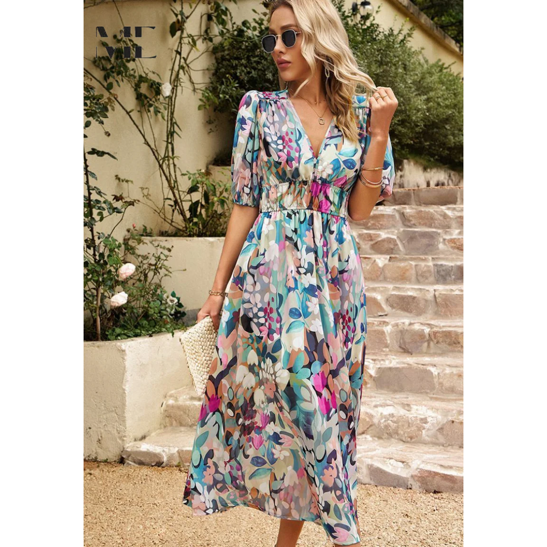 Women’s Midi Dress with Short Sleeves and Floral Print