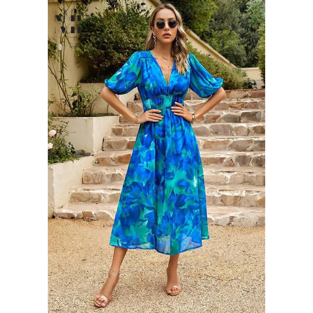 Women’s Midi Dress with Short Sleeves and Floral Print