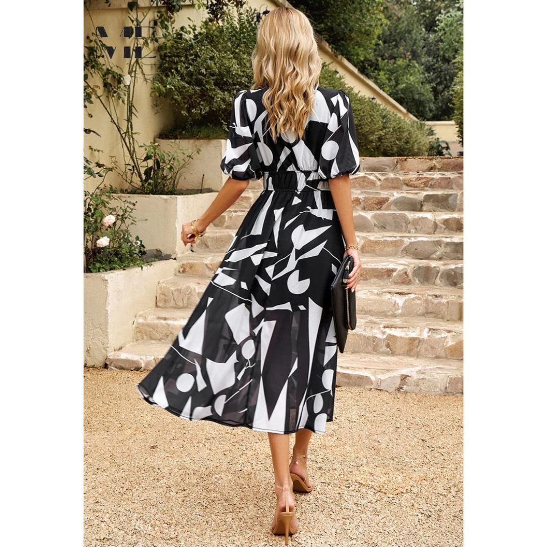 Women’s Midi Dress with Short Sleeves and Floral Print