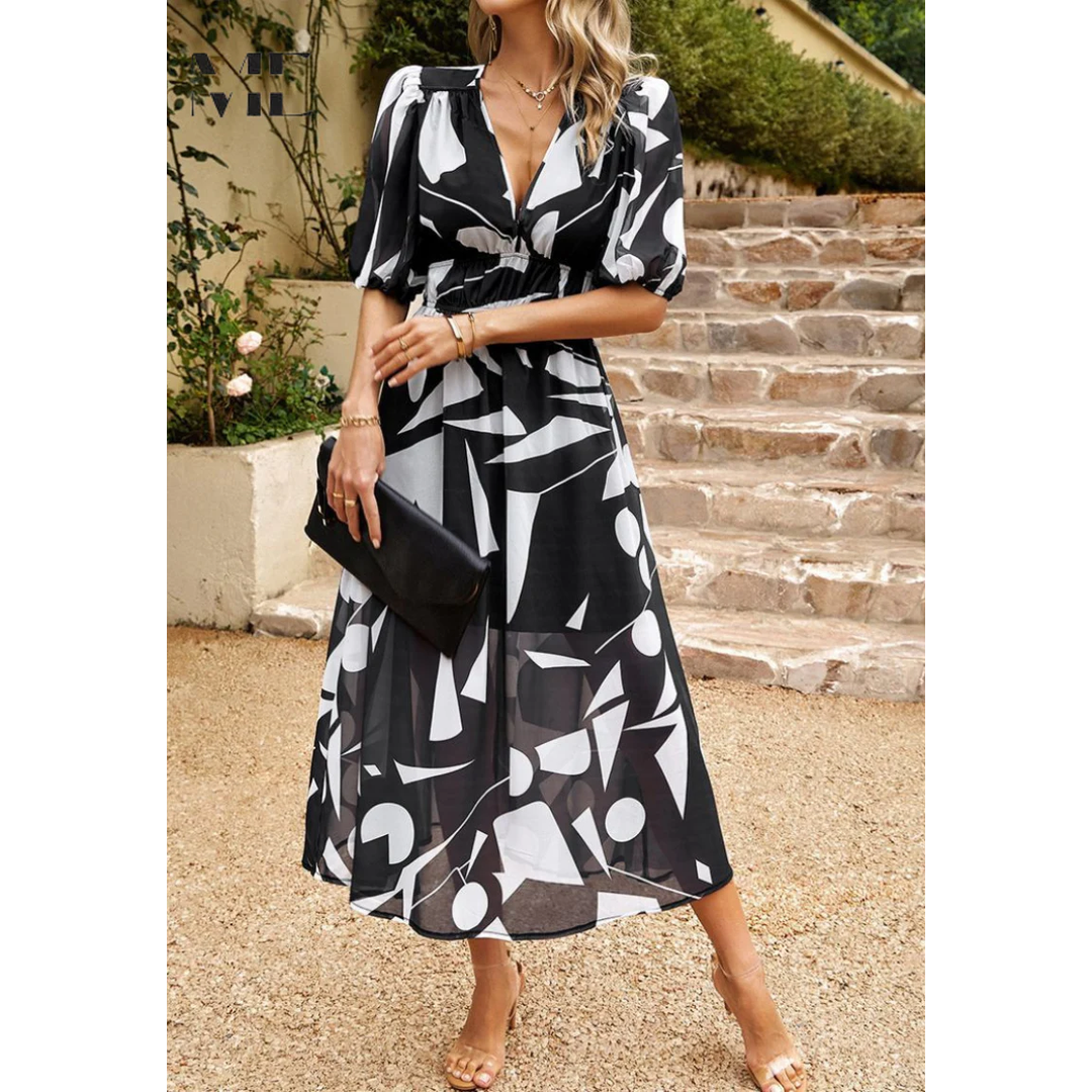 Women’s Midi Dress with Short Sleeves and Floral Print