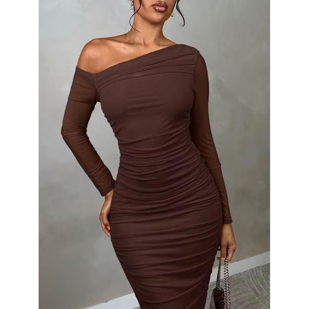 Women’s One Shoulder Midi Dress with Ruched Detailing