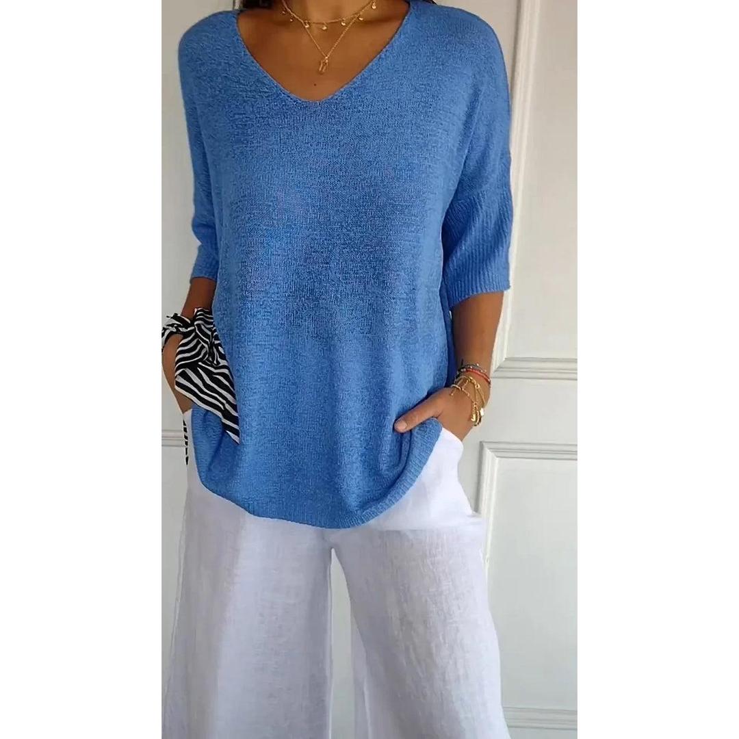 Emily | Women’s V-Neck Knit Top with Three-Quarter Sleeves