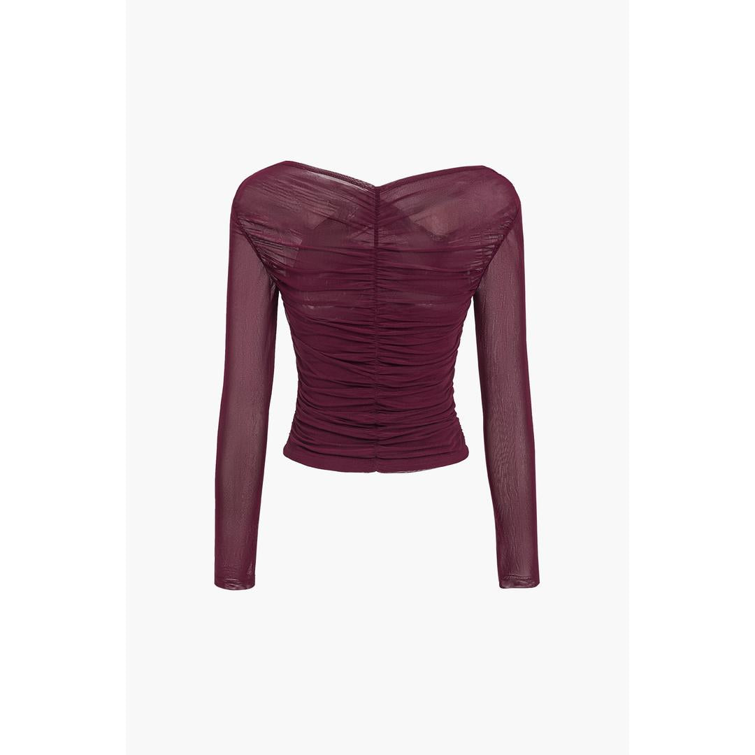 Isabella | Women’s Ruched Mesh Fitted Top with Long Sleeve