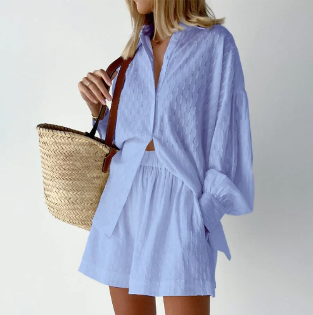 Arlena | Women’s Textured Button Shirt and Shorts Set