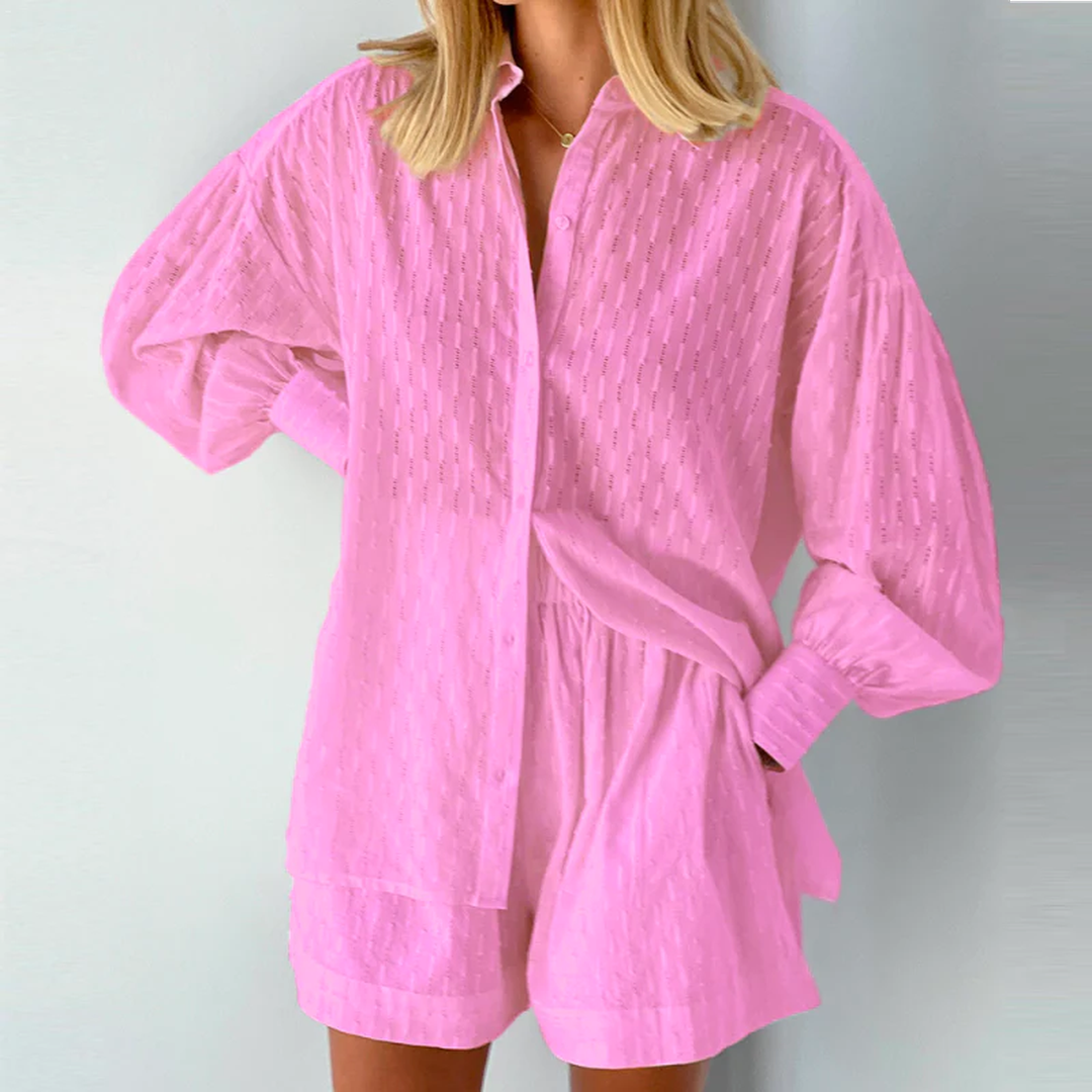Arlena | Women’s Textured Button Shirt and Shorts Set