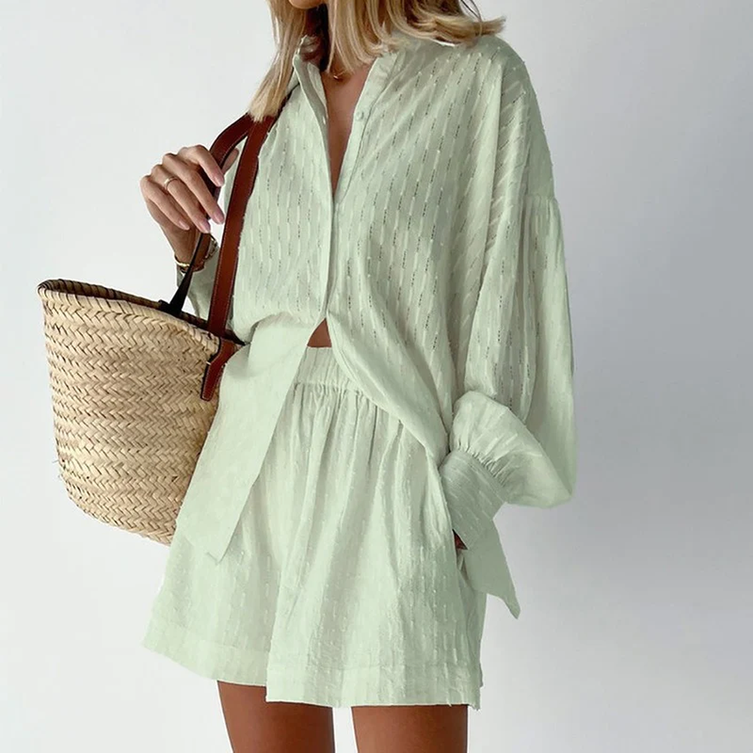 Arlena | Women’s Textured Button Shirt and Shorts Set