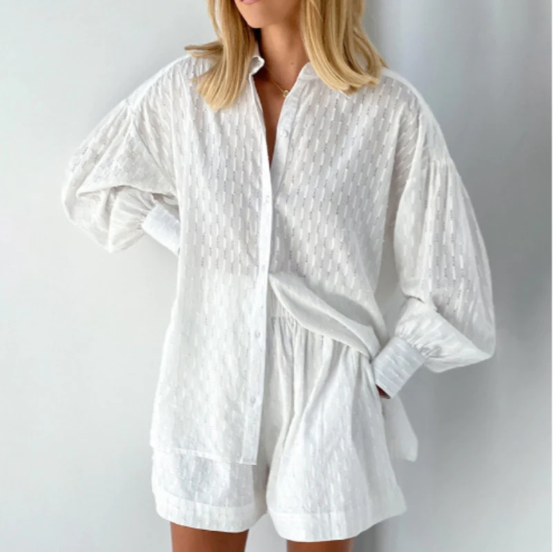 Arlena | Women’s Textured Button Shirt and Shorts Set