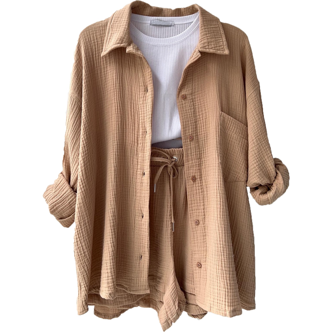 Elara | Button Shirt and Drawstring Shorts Set