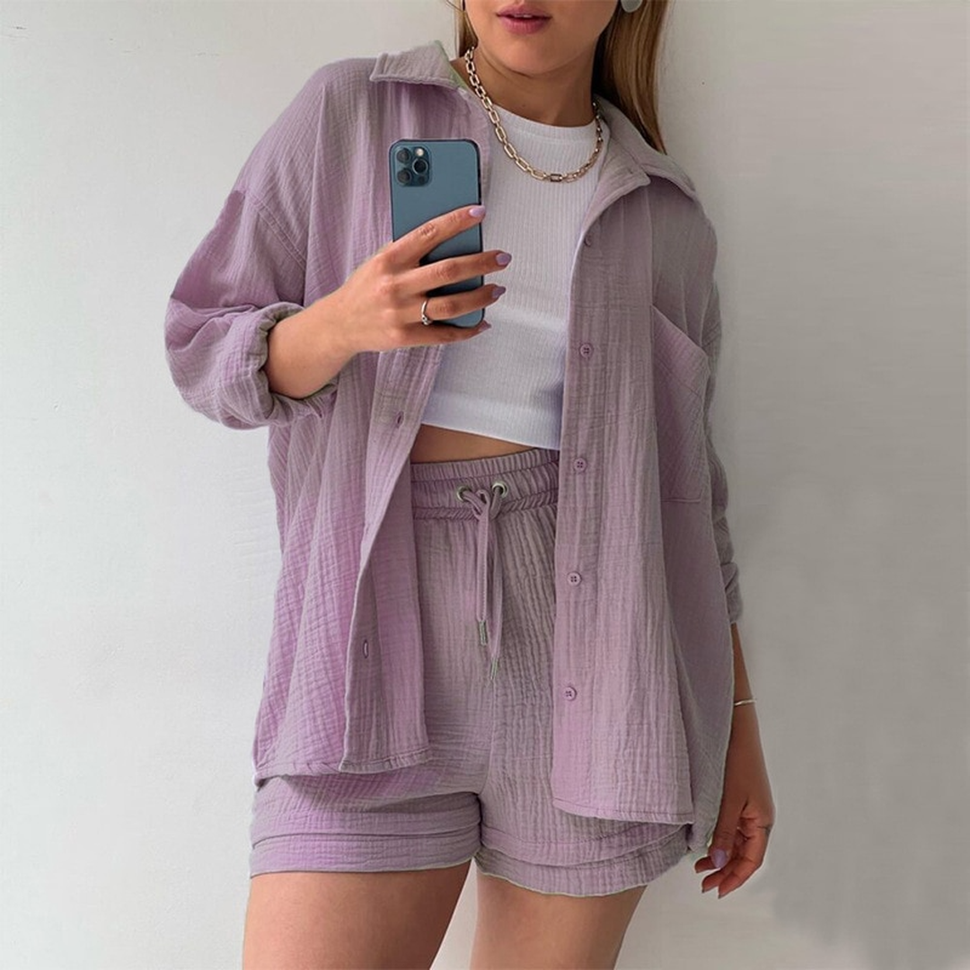 Elara | Button Shirt and Drawstring Shorts Set