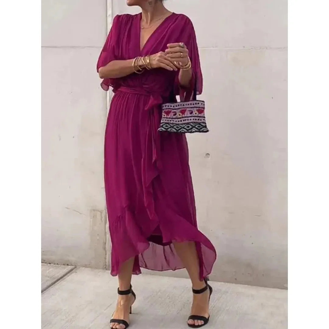Elara | V-Neck Midi Dress with Draped Wrap Waist