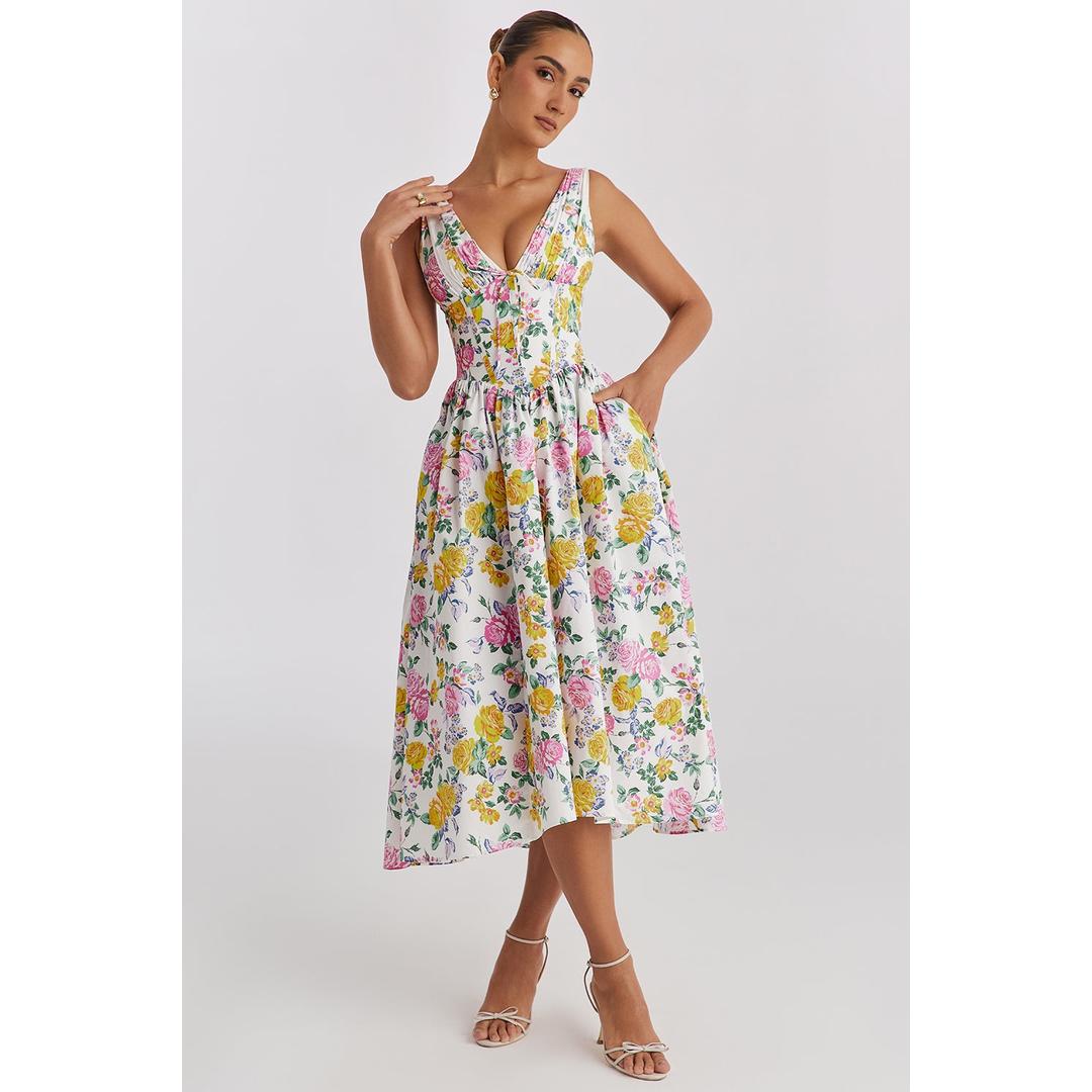 Amara | Sleeveless Floral Print Midi Dress with V-Neckline