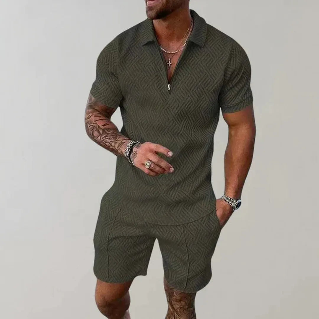 Liam | Men’s Textured Short Sleeve Zip Polo and Shorts Set