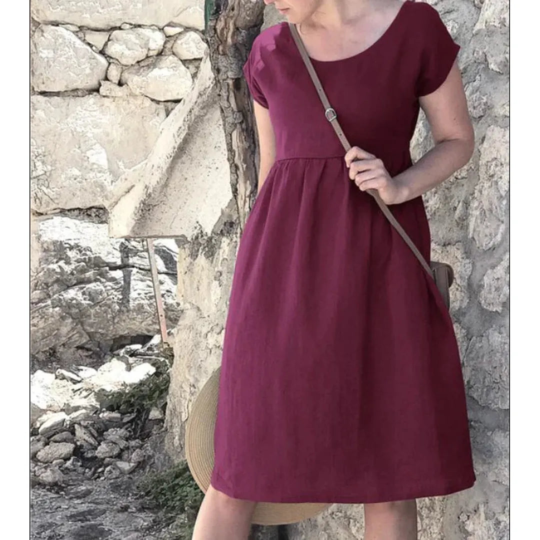 Ella | Women’s Short Sleeve Midi Dress with Round Neck