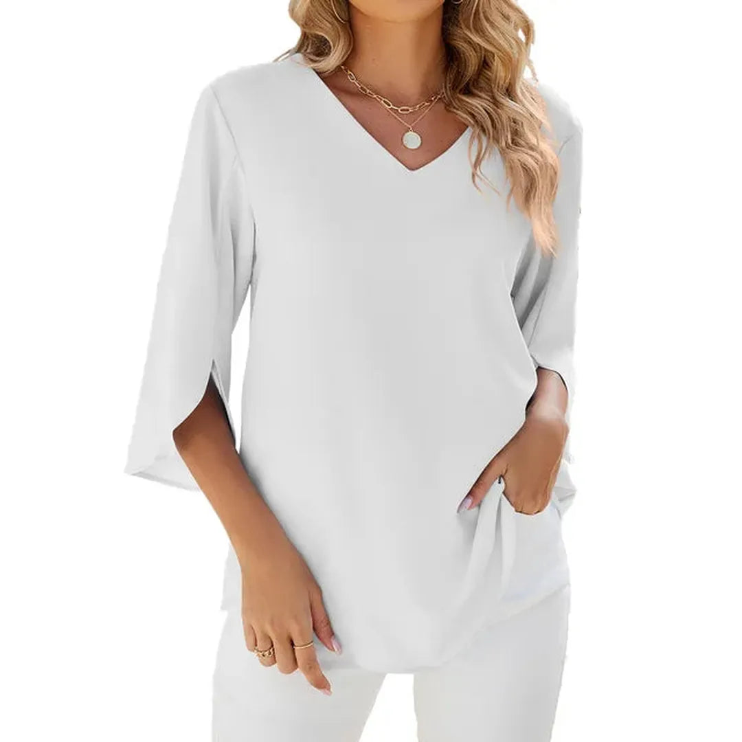 Hannah | Women’s V-Neck Blouse with Three-Quarter Sleeves