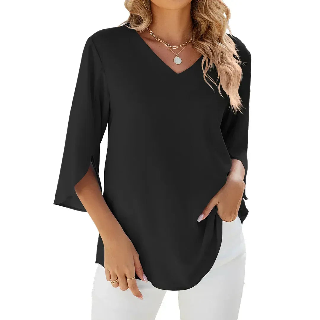 Hannah | Women’s V-Neck Blouse with Three-Quarter Sleeves