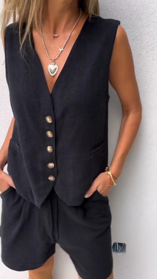 Calira | Women’s Button Vest and High-Waist Shorts Set