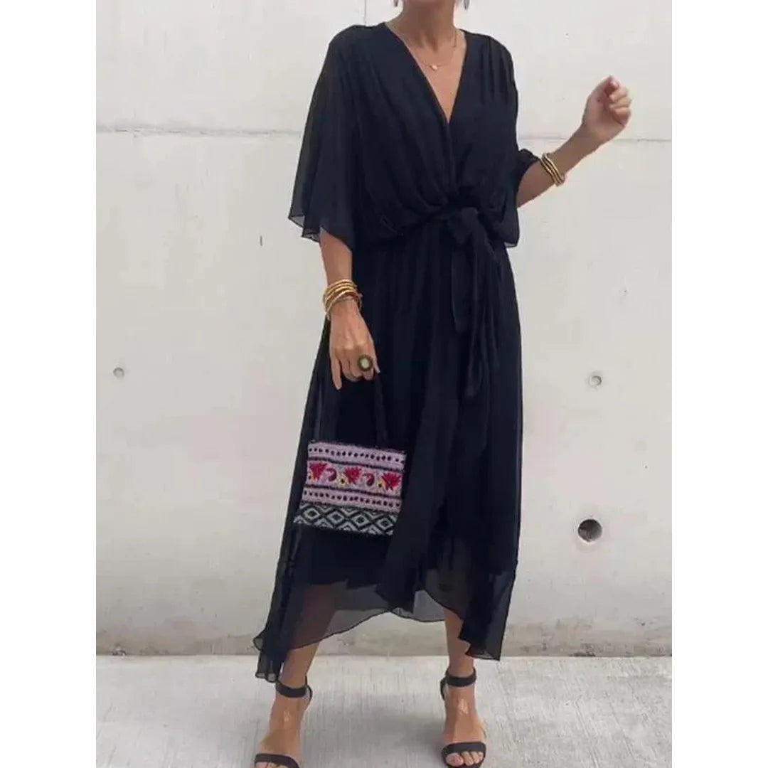 Elara | V-Neck Midi Dress with Draped Wrap Waist