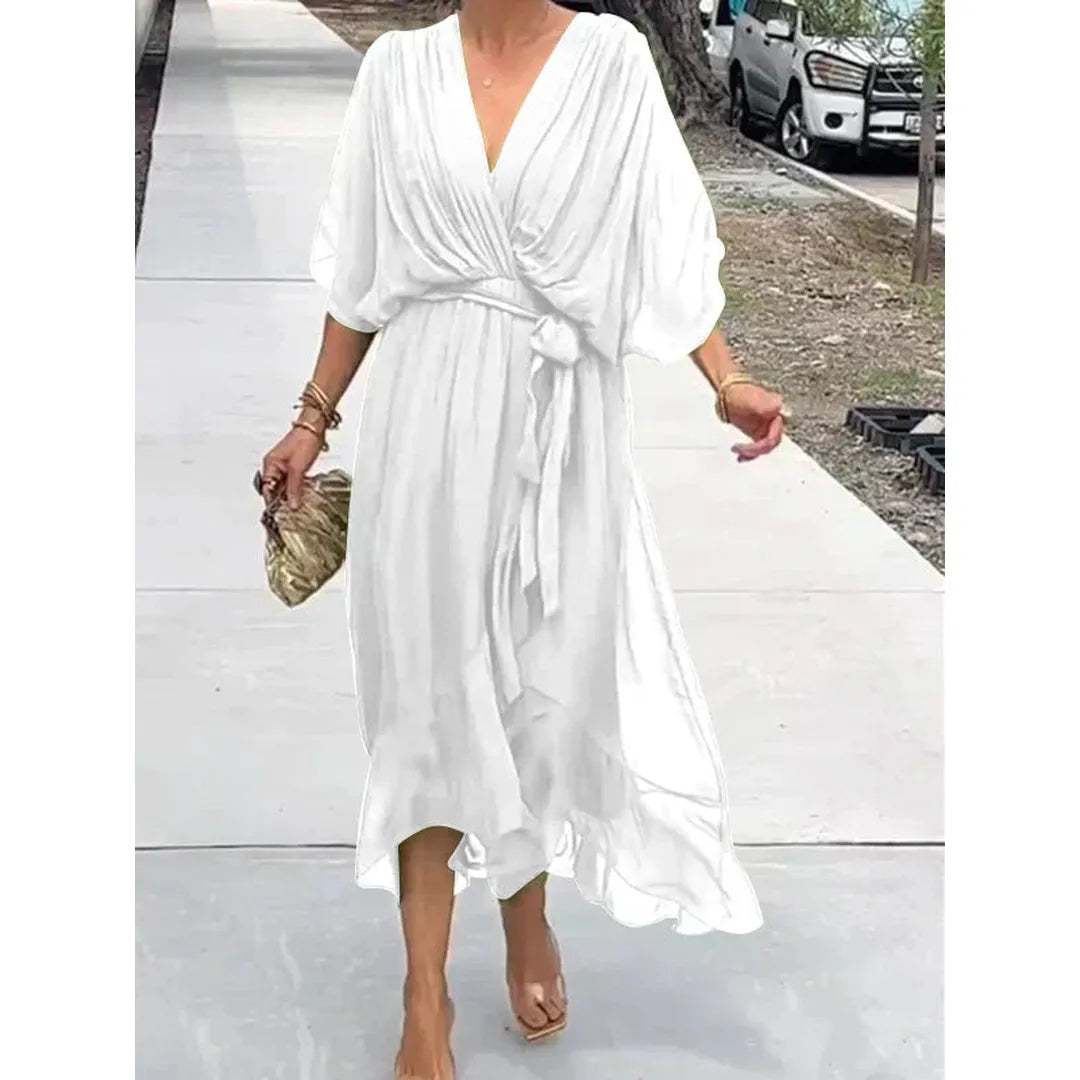 Elara | V-Neck Midi Dress with Draped Wrap Waist