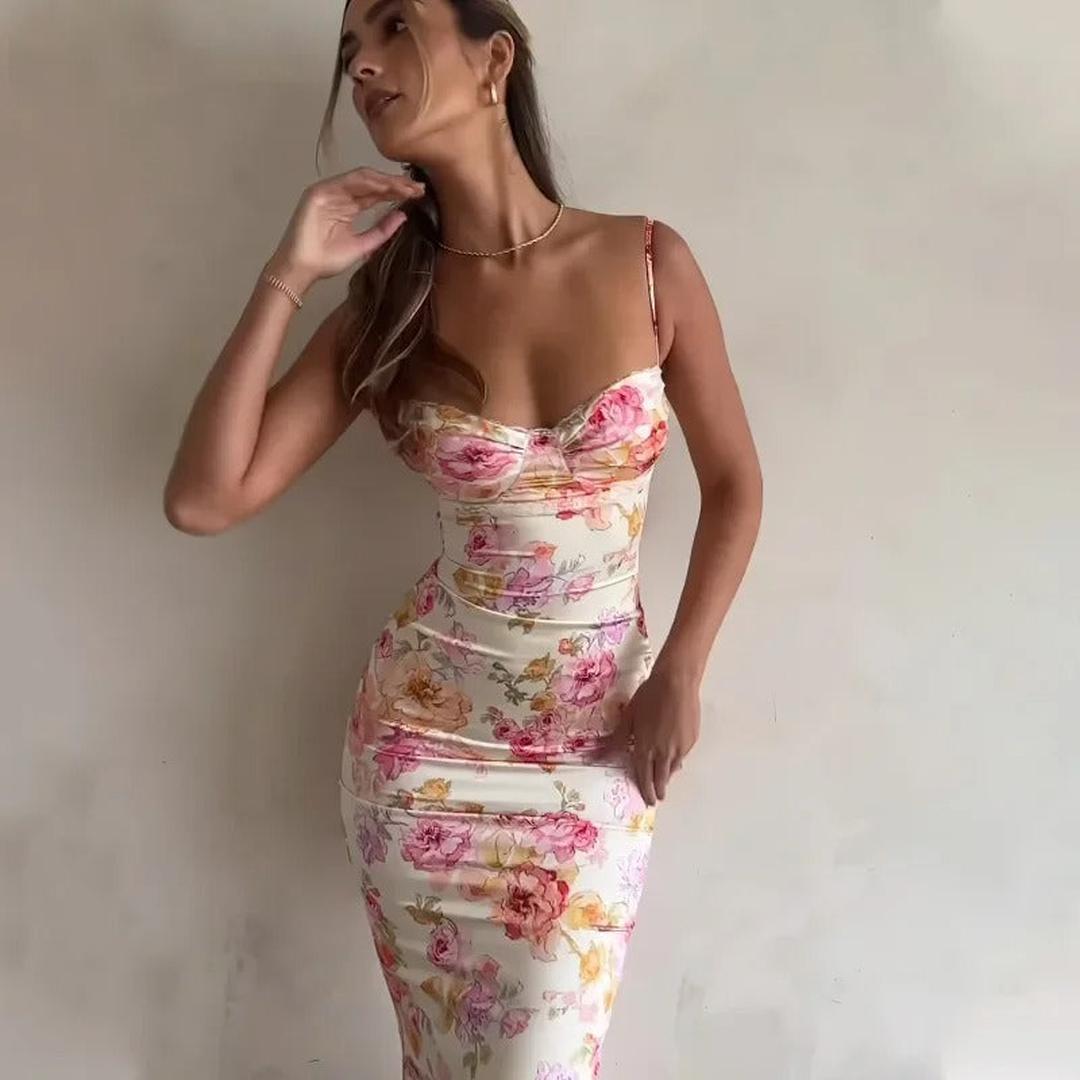 Elena | Floral Print Maxi Dress with Lace Trim