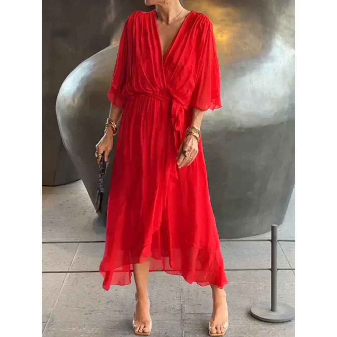 Elara | V-Neck Midi Dress with Draped Wrap Waist