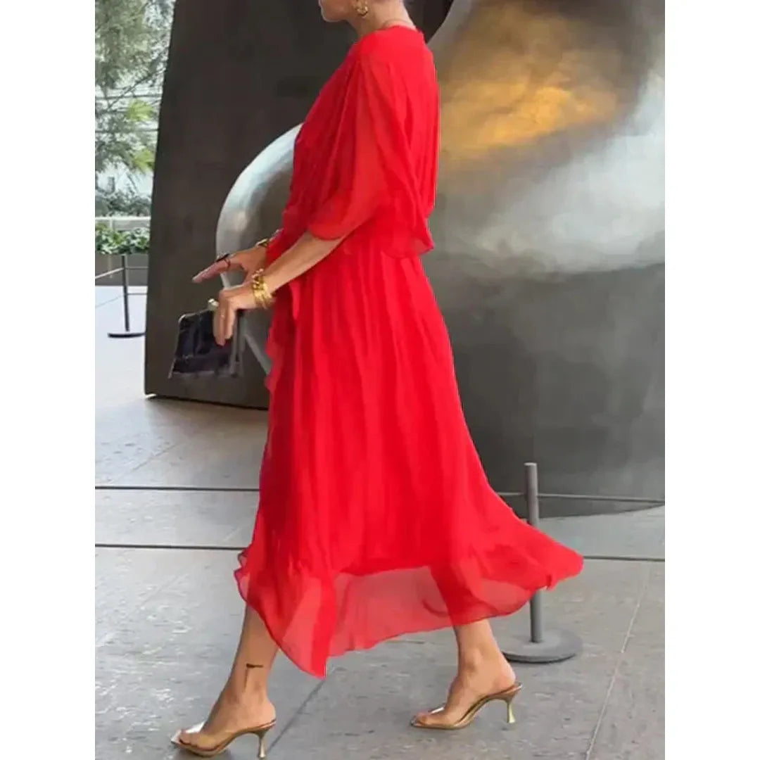 Elara | V-Neck Midi Dress with Draped Wrap Waist