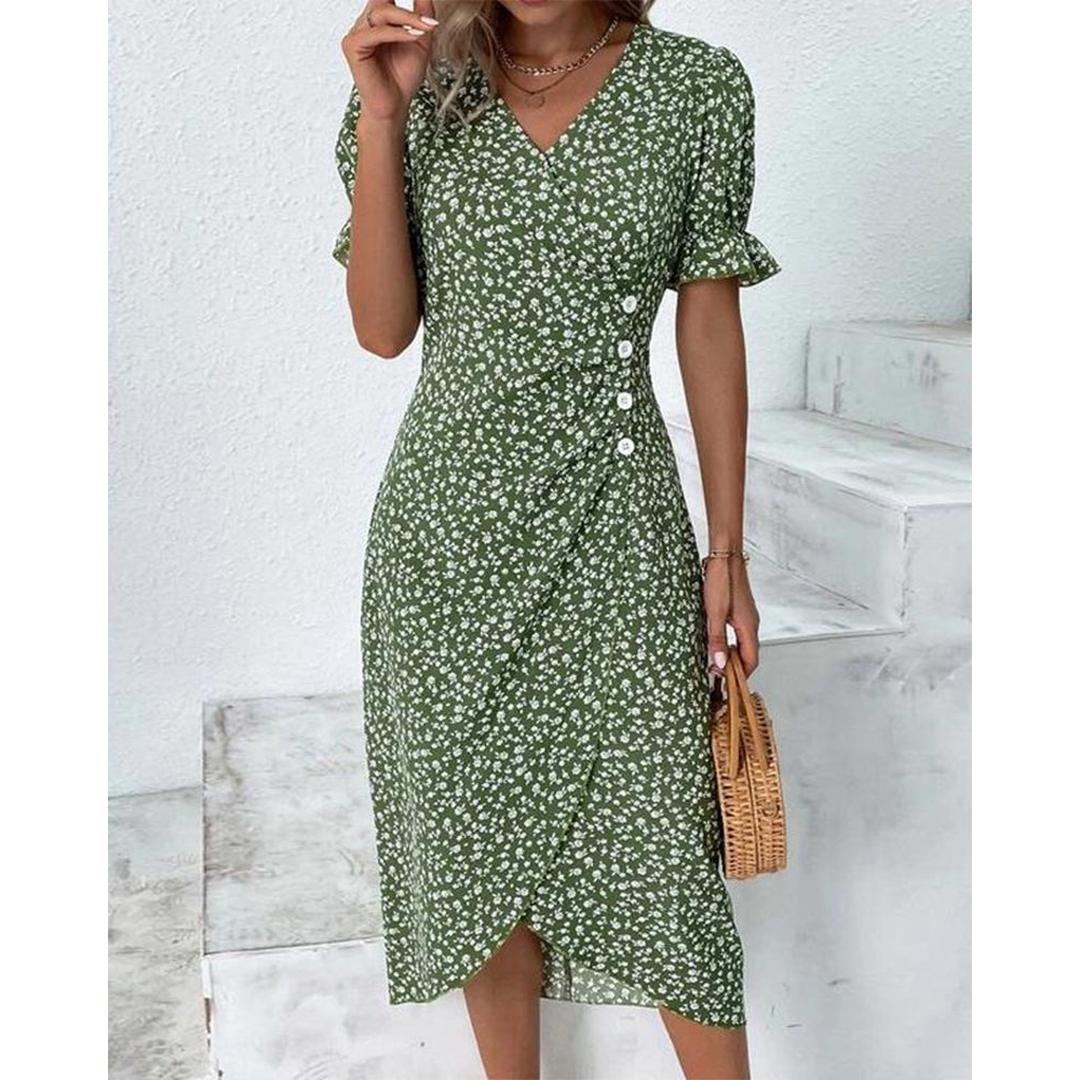 Freya | Floral Print V-Neck Wrap Midi Dress with Button Detail
