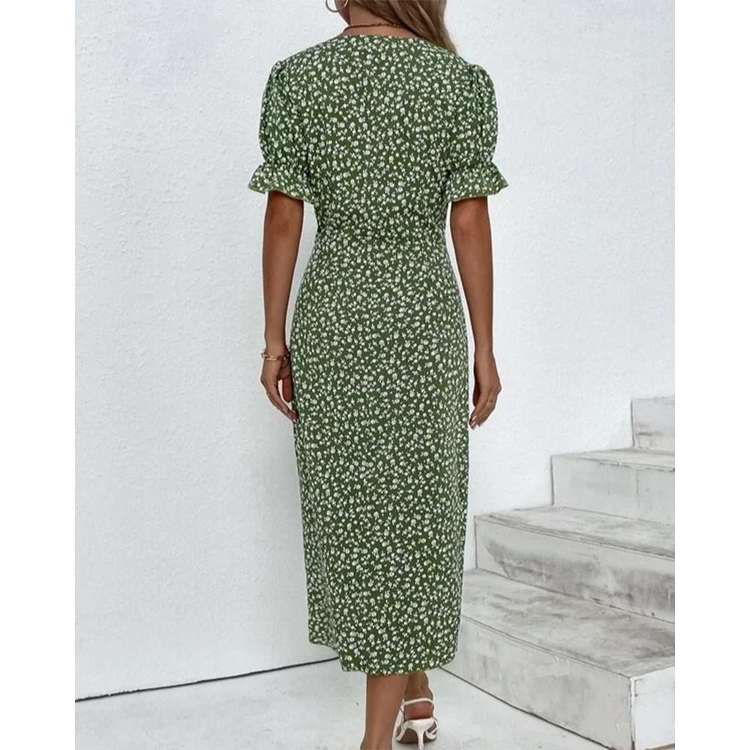 Freya | Floral Print V-Neck Wrap Midi Dress with Button Detail