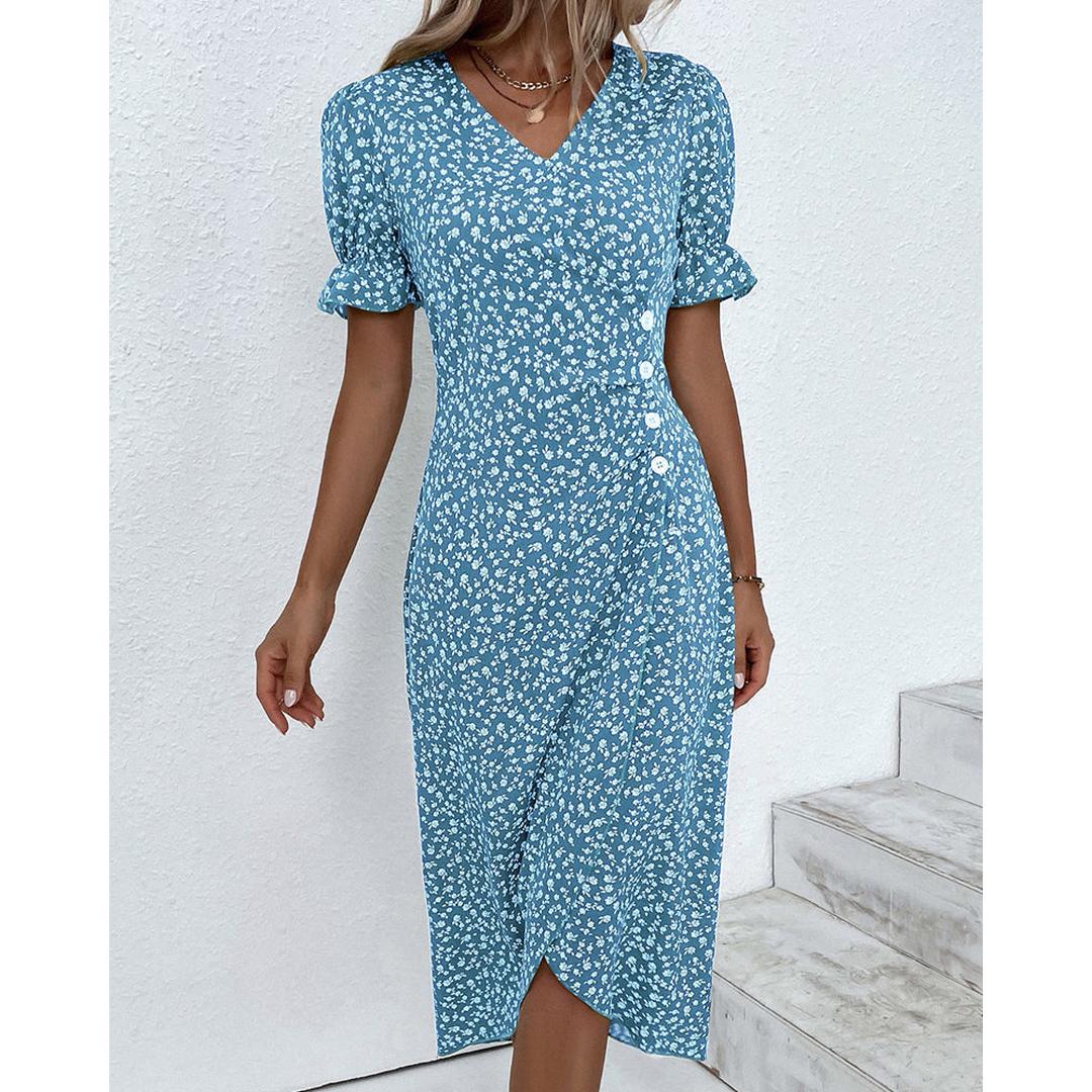 Freya | Floral Print V-Neck Wrap Midi Dress with Button Detail