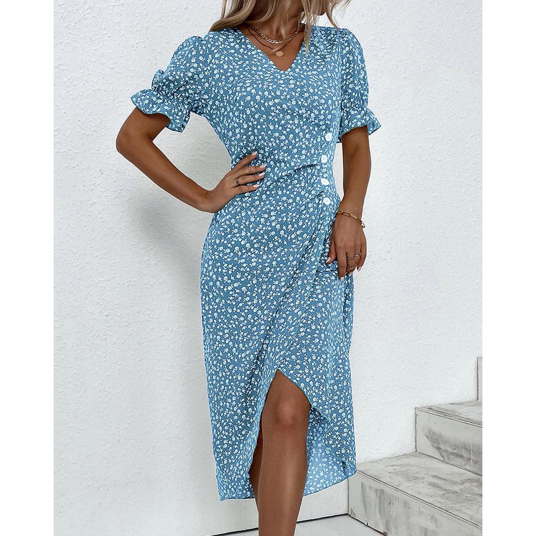 Freya | Floral Print V-Neck Wrap Midi Dress with Button Detail