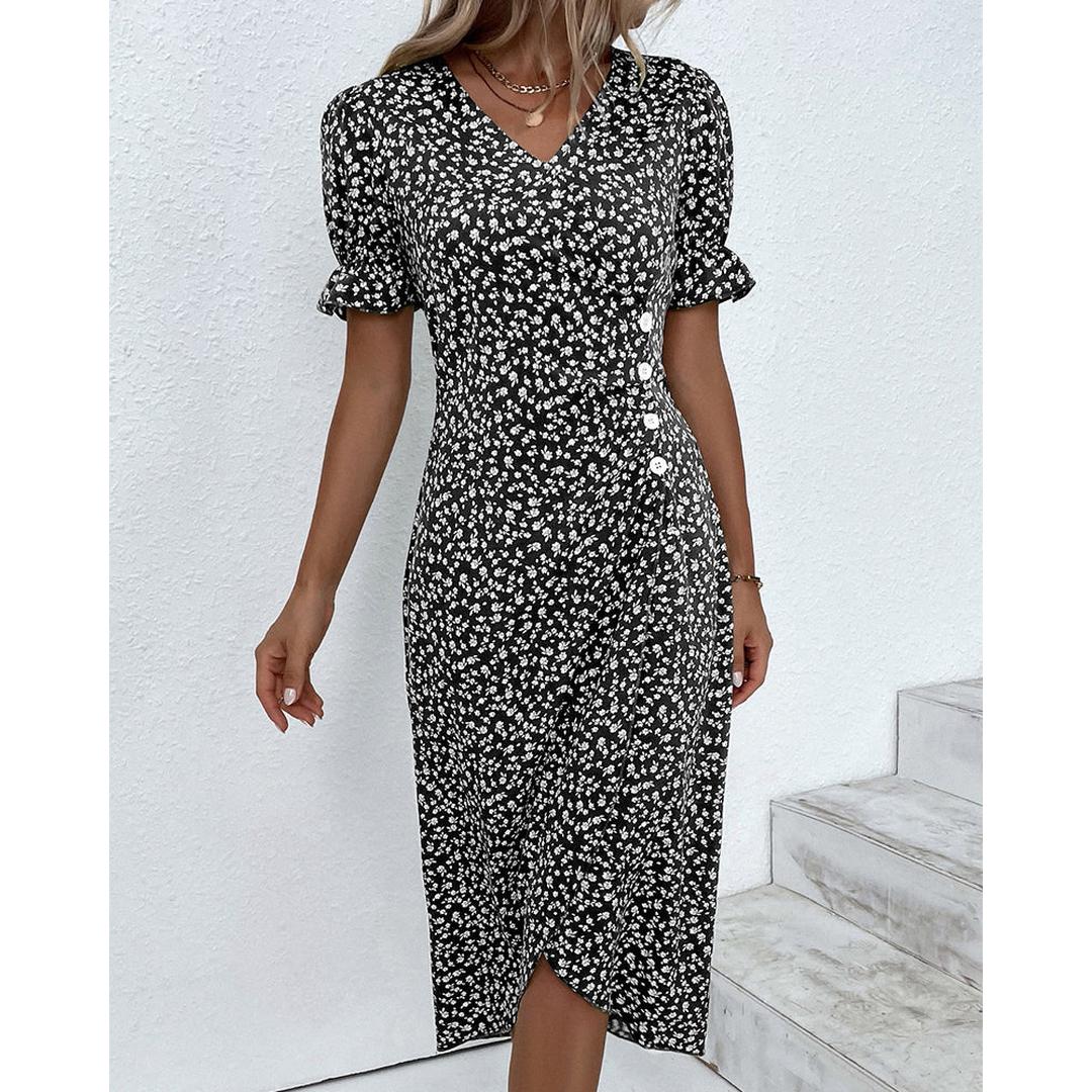 Freya | Floral Print V-Neck Wrap Midi Dress with Button Detail