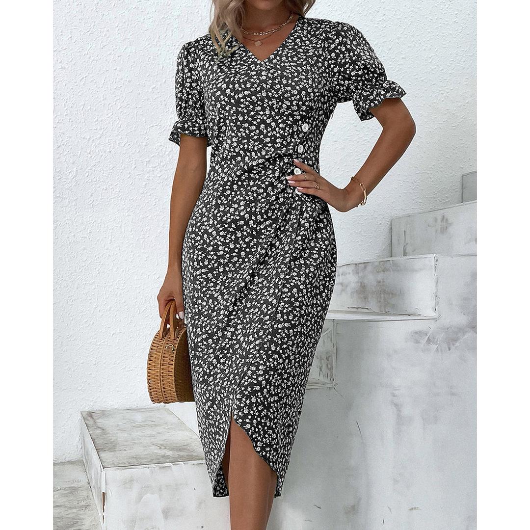Freya | Floral Print V-Neck Wrap Midi Dress with Button Detail