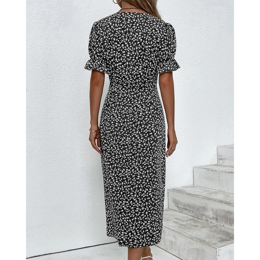 Freya | Floral Print V-Neck Wrap Midi Dress with Button Detail