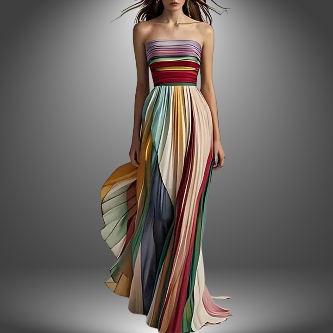 Aurora | Women’s Strapless Maxi Dress with Pleated Multi-Stripe