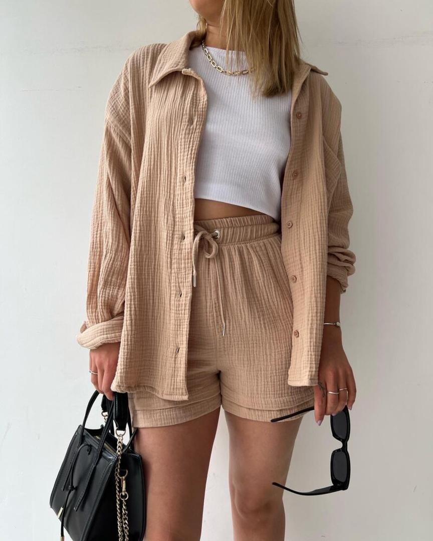 Elara | Button Shirt and Drawstring Shorts Set