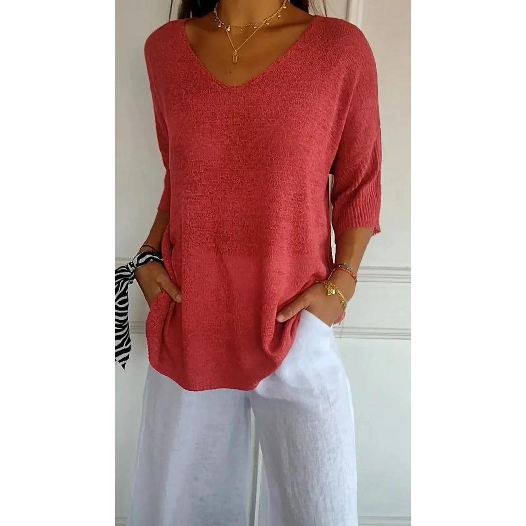 Emily | Women’s V-Neck Knit Top with Three-Quarter Sleeves