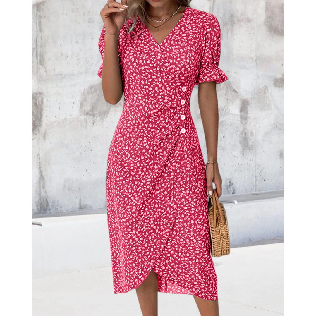 Freya | Floral Print V-Neck Wrap Midi Dress with Button Detail
