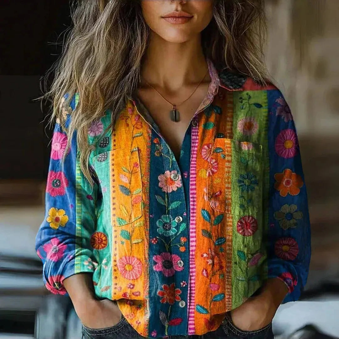 Fiona | Women’s Ethnic Print Blouse with Notched Collar