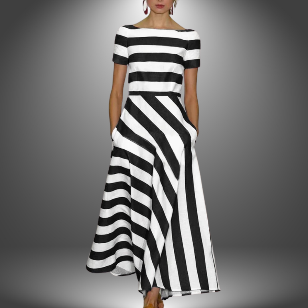 Poppy | Striped A-Line Maxi Dress with Boat Neckline