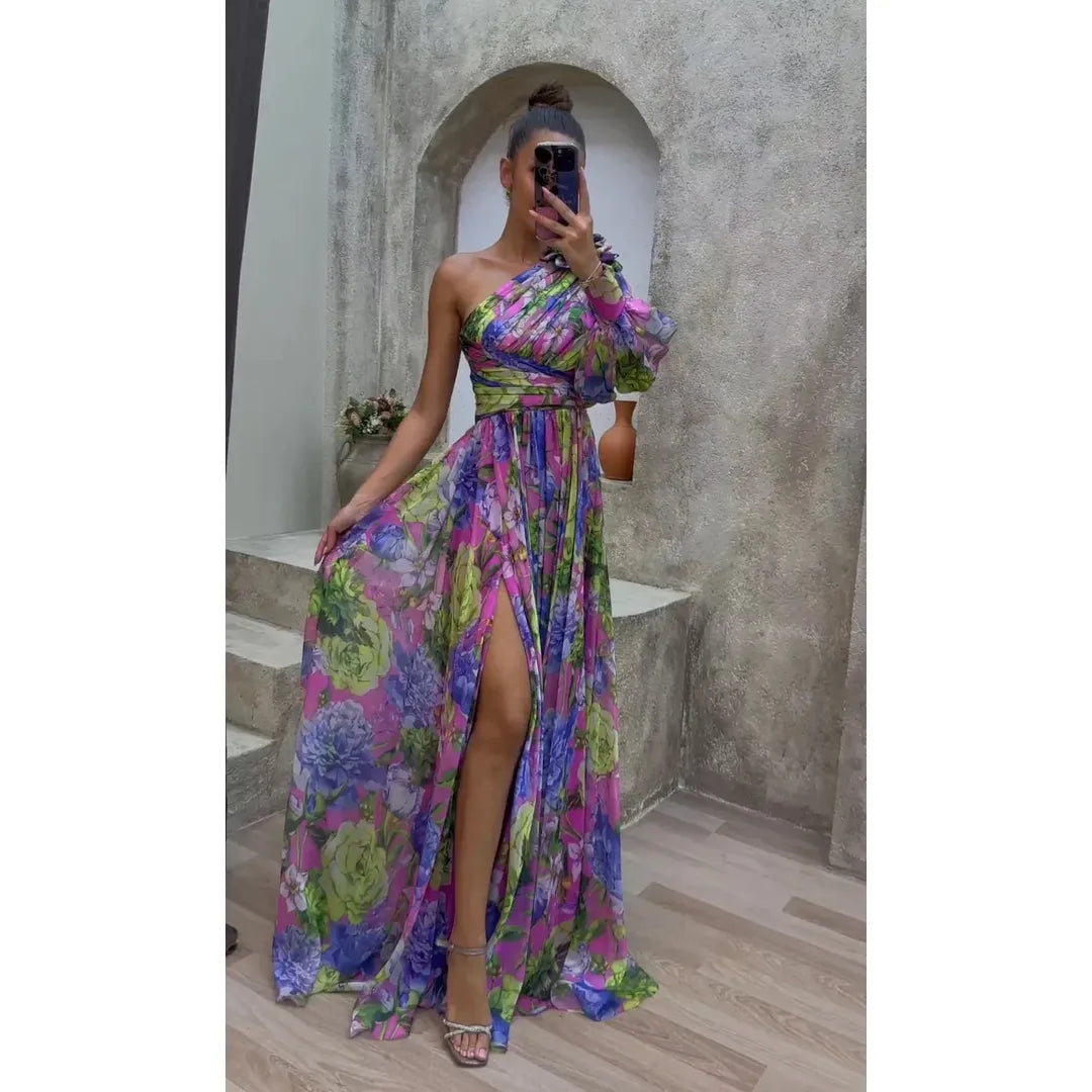 Lydia | One-Shoulder Floral Print Maxi Dress with High Slit