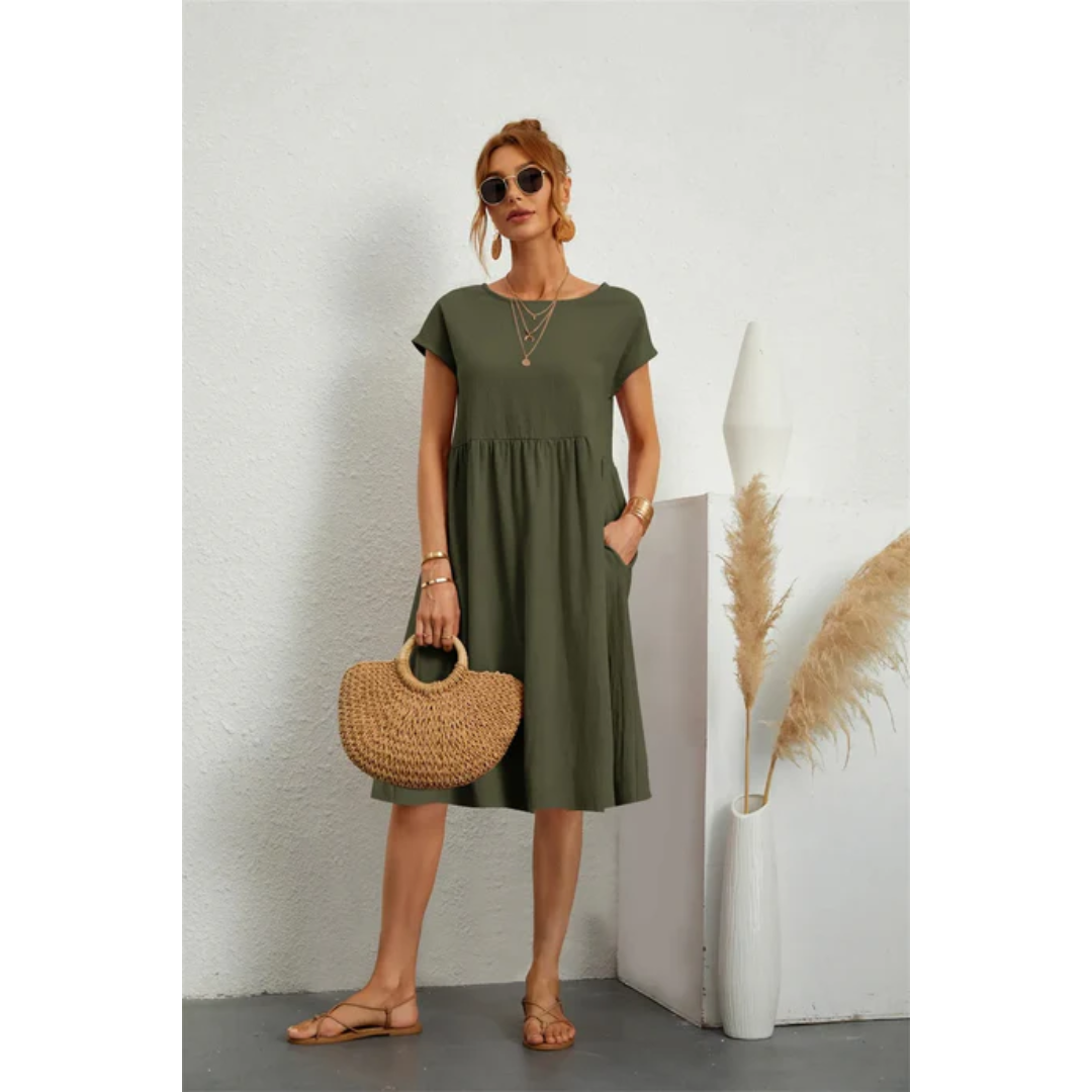Ella | Women’s Short Sleeve Midi Dress with Round Neck