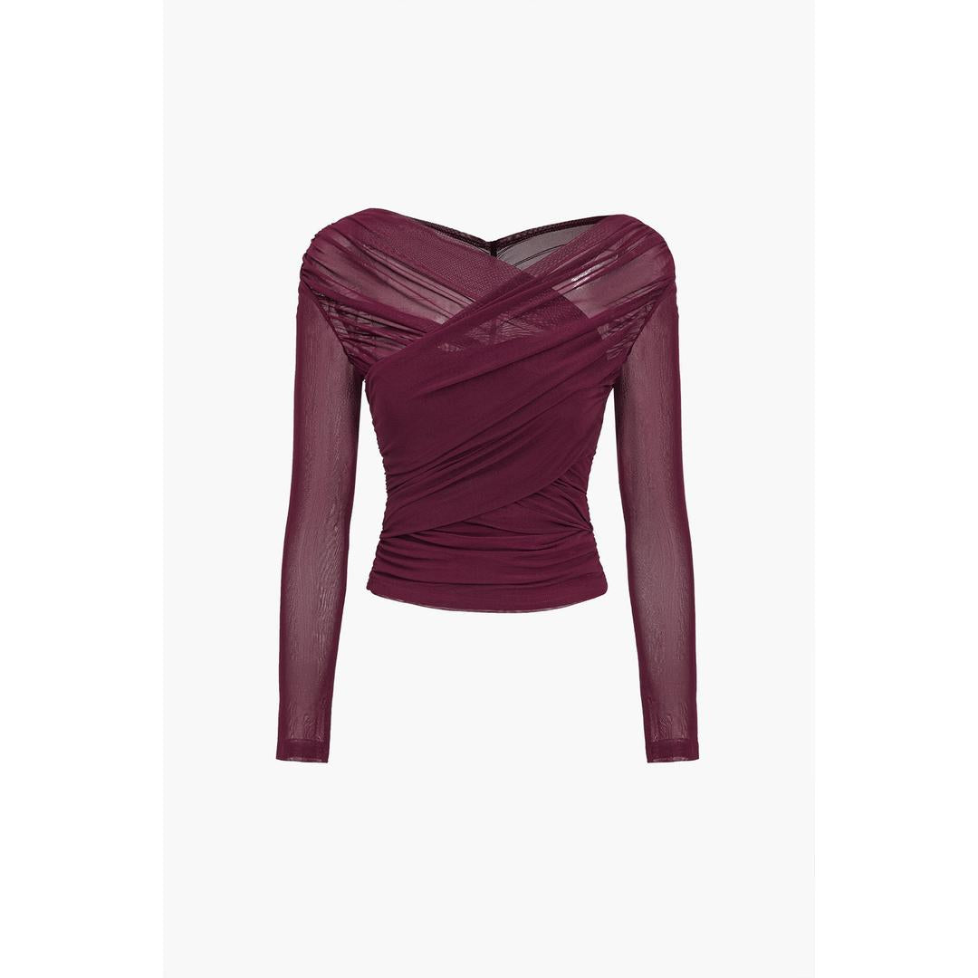 Isabella | Women’s Ruched Mesh Fitted Top with Long Sleeve