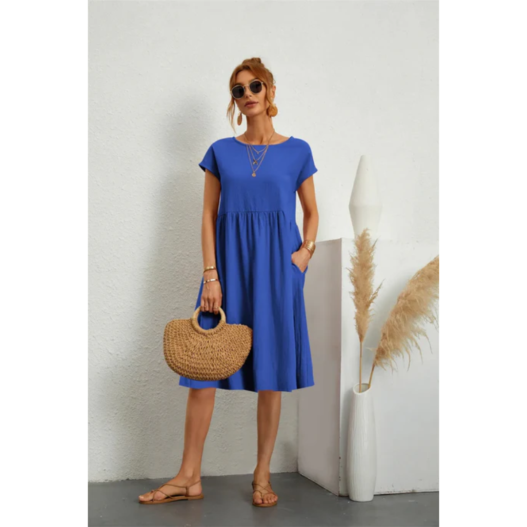 Ella | Women’s Short Sleeve Midi Dress with Round Neck