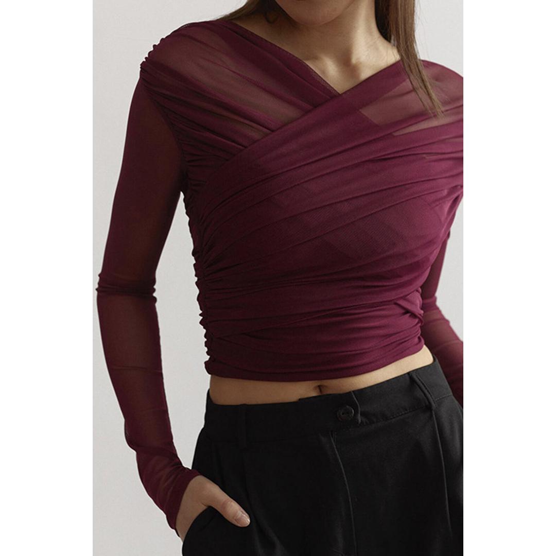 Isabella | Women’s Ruched Mesh Fitted Top with Long Sleeve