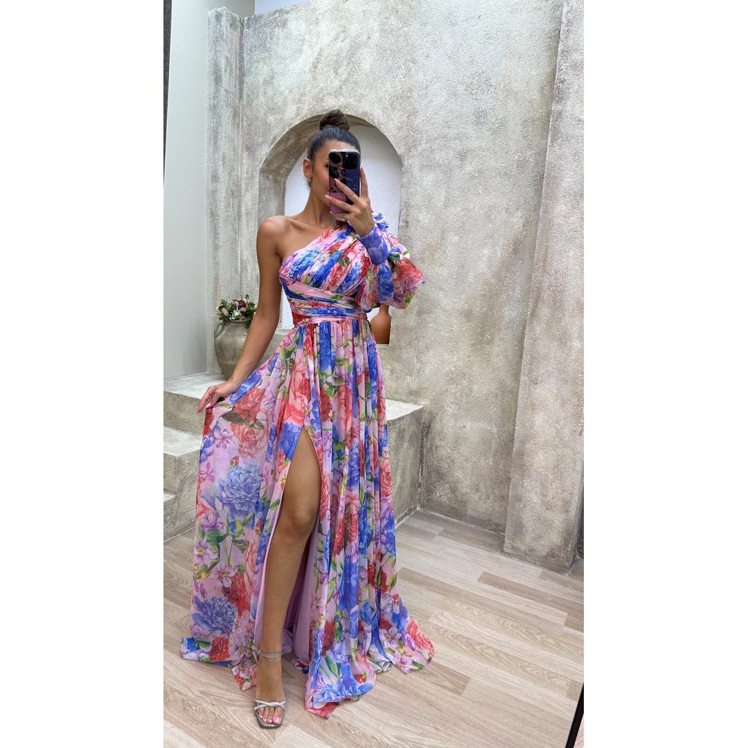 Lydia | One-Shoulder Floral Print Maxi Dress with High Slit