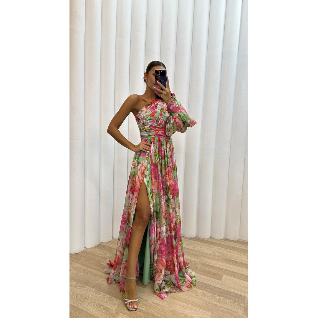 Lydia | One-Shoulder Floral Print Maxi Dress with High Slit