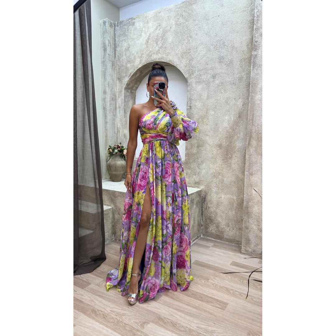 Lydia | One-Shoulder Floral Print Maxi Dress with High Slit