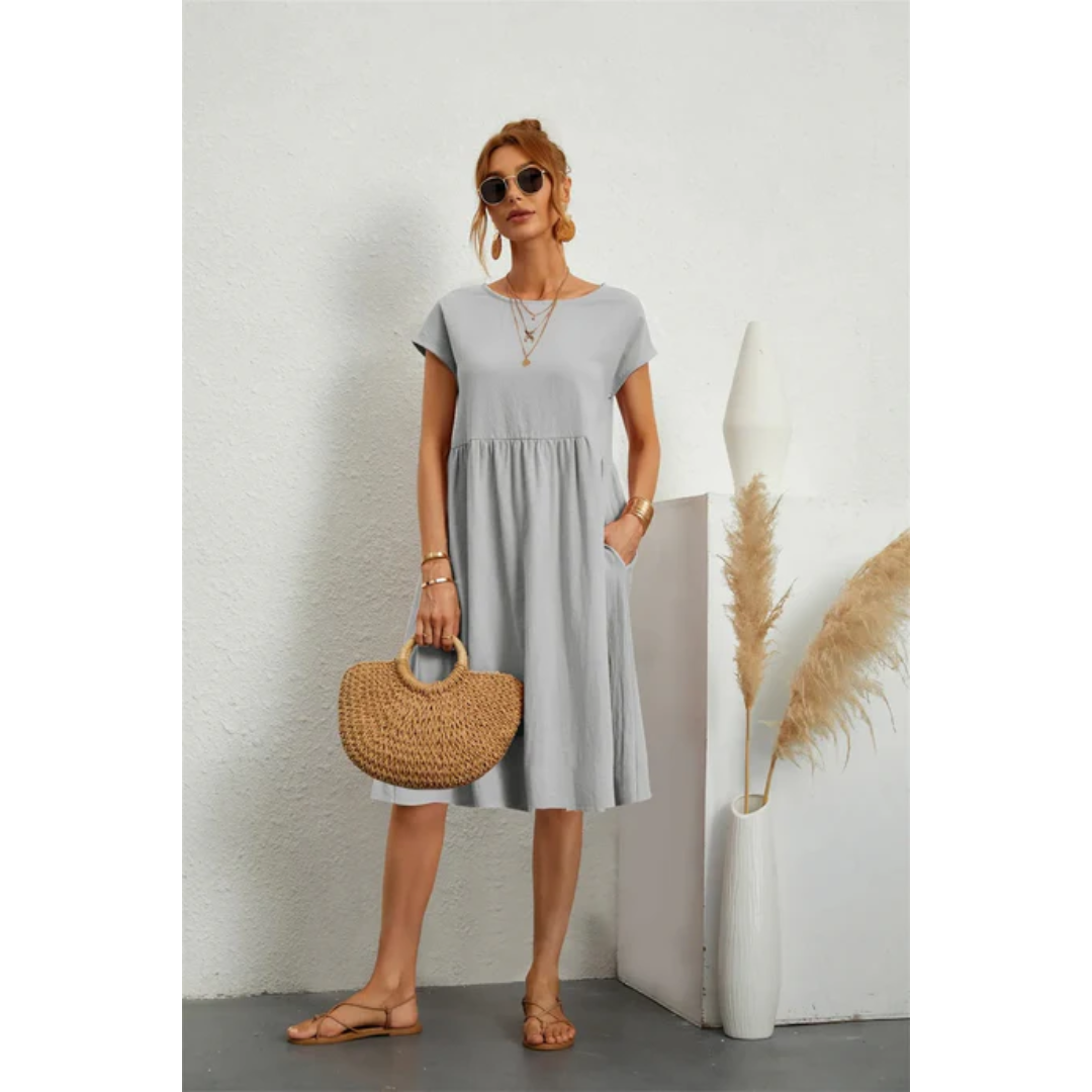 Ella | Women’s Short Sleeve Midi Dress with Round Neck
