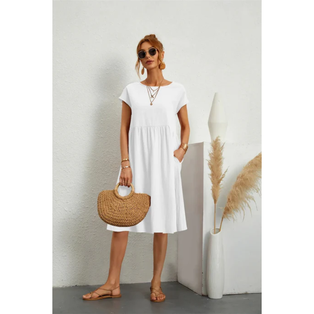 Ella | Women’s Short Sleeve Midi Dress with Round Neck
