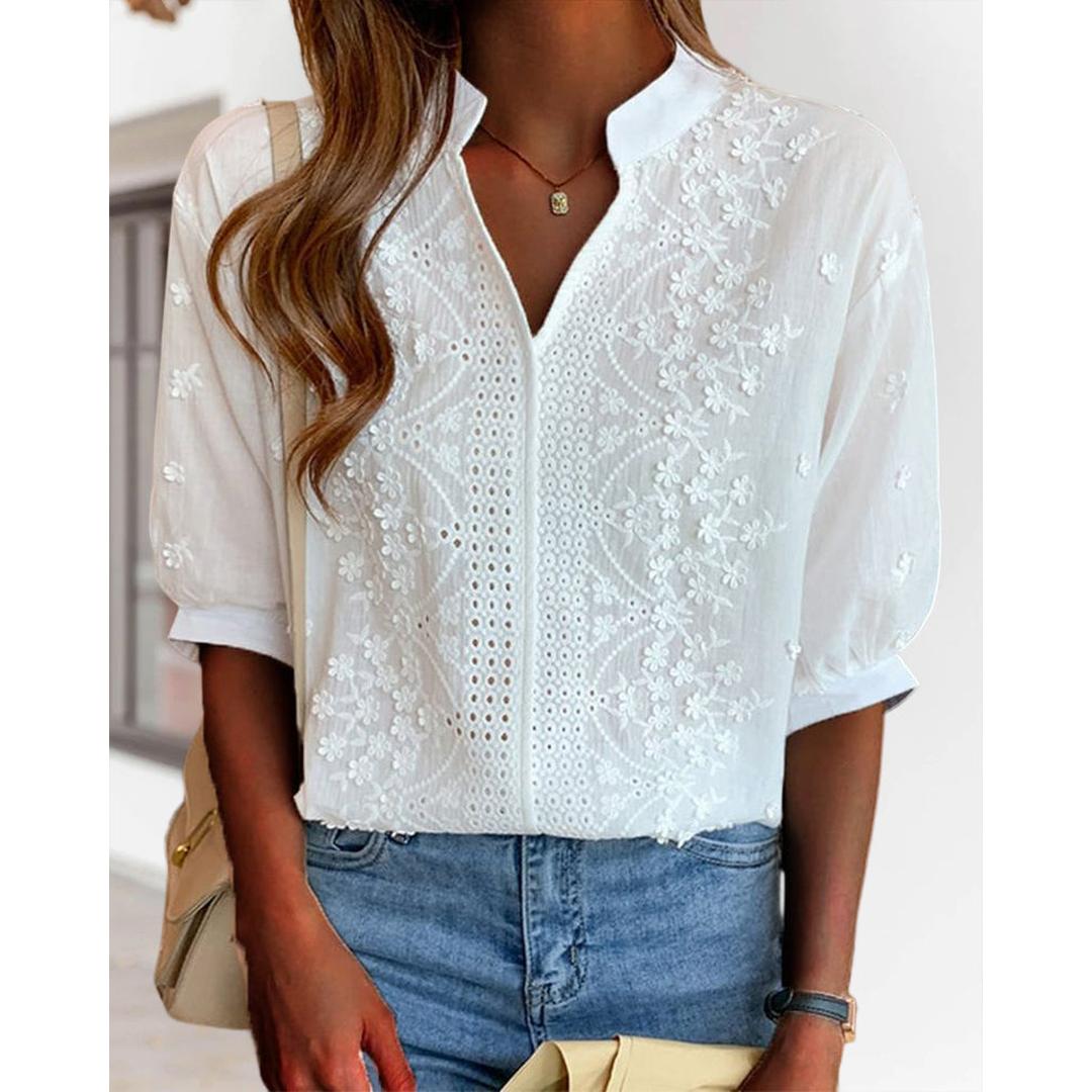 Mila | Women’s V-Neck Blouse with Puff Sleeves