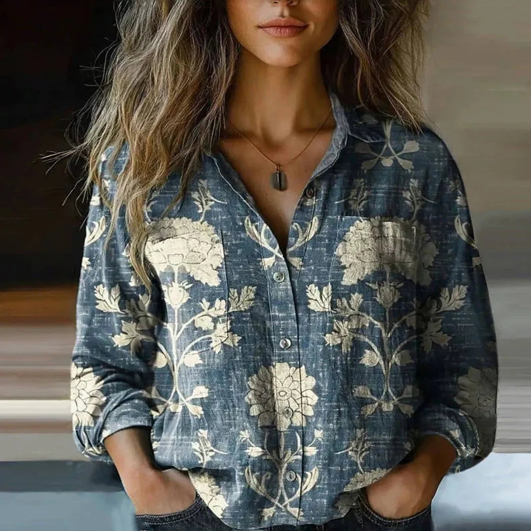Fiona | Women’s Ethnic Print Blouse with Notched Collar